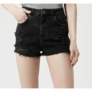 Topshop Moto Black High Waisted Mom Denim Shorts Distressed Cut Off Size 2